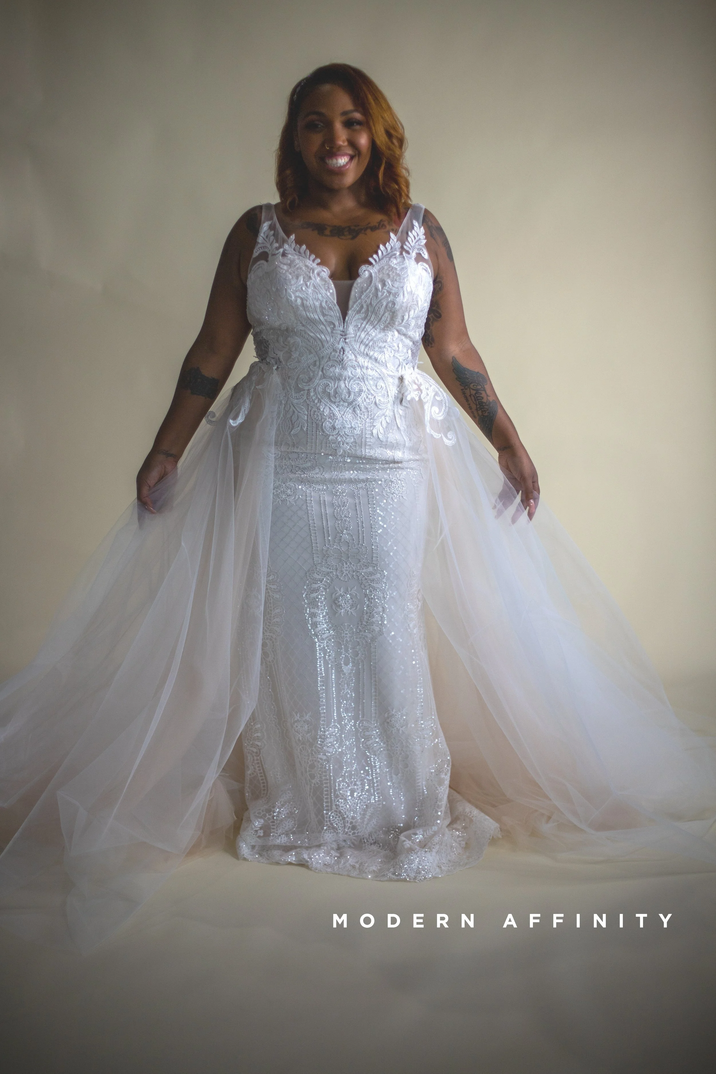 Randy Fenoli Basia
Fit and flair lace with detachable tulle train 
Size 12 $1915