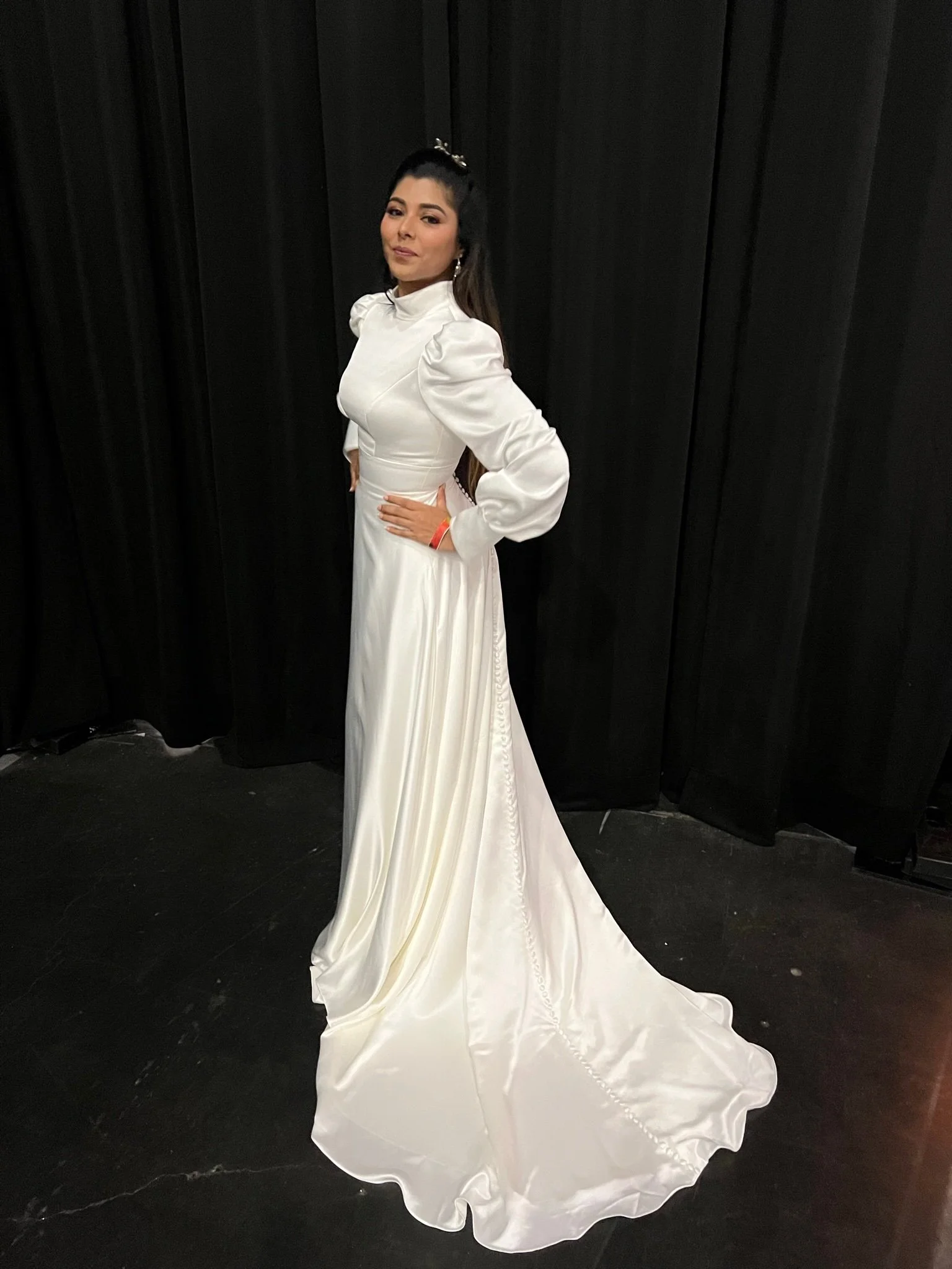 Justin Alexander Signature Hudson
High neck Charmeuse A-line with blouson sleeves
Size 10 $1197