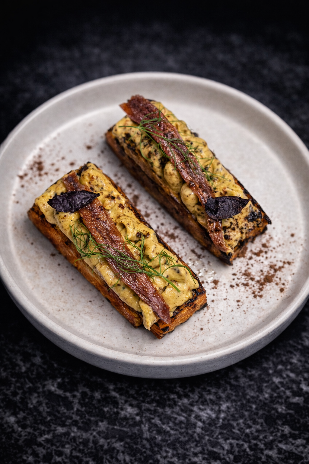Two pieces of toasted bread topped with creamy yellow spread, herbs, and dark leaf garnishes, on a white plate with cocoa powder decoration.