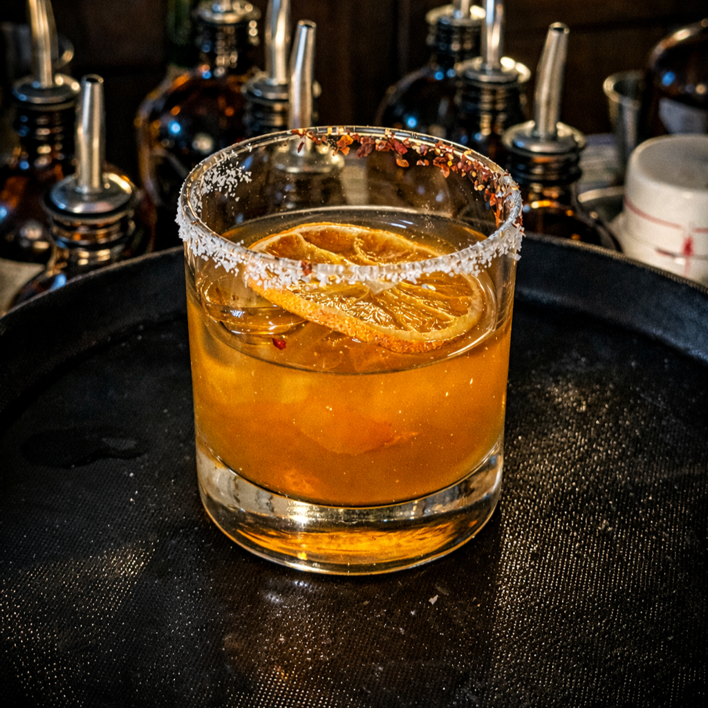 A cocktail glass with, filled with an orange-colored drink and garnished with lemon slices, on a black surface with bartender tools in the background.