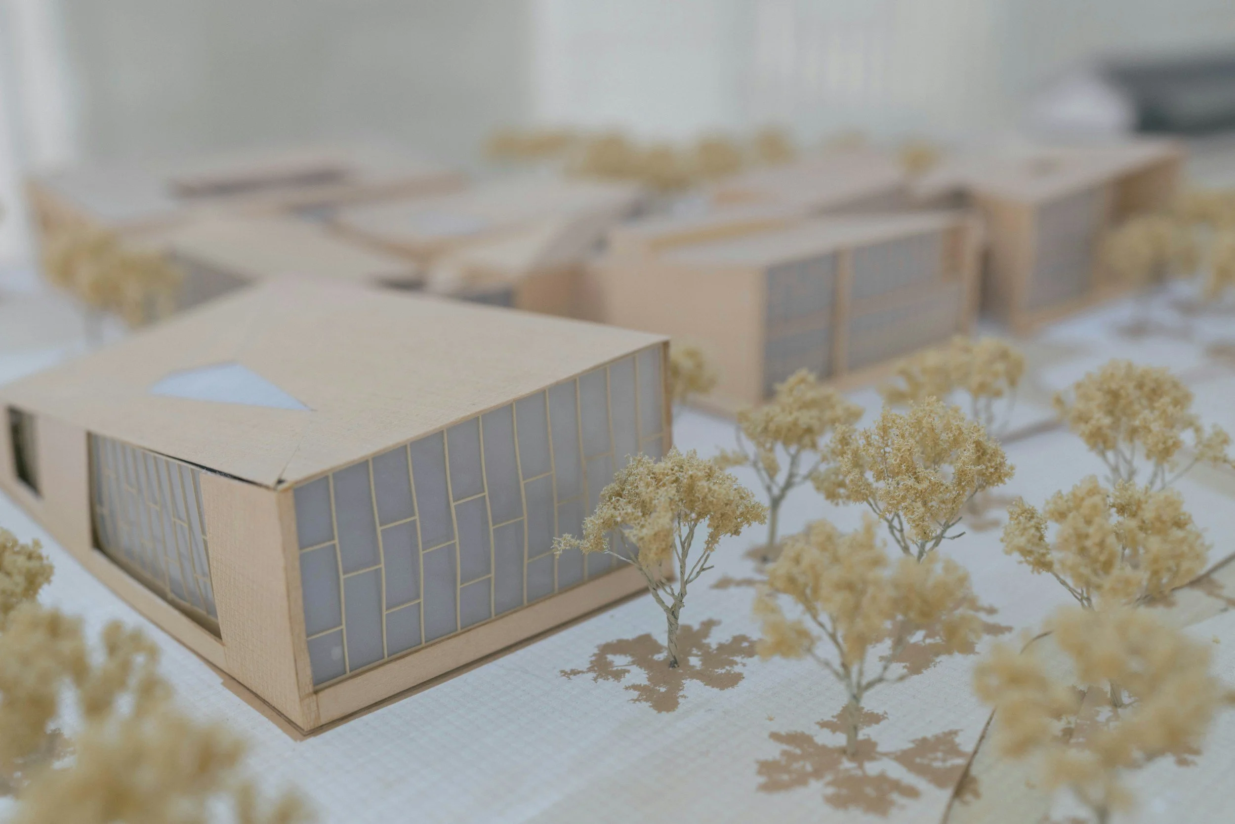 Architectural model of a modern building surrounded by small trees.