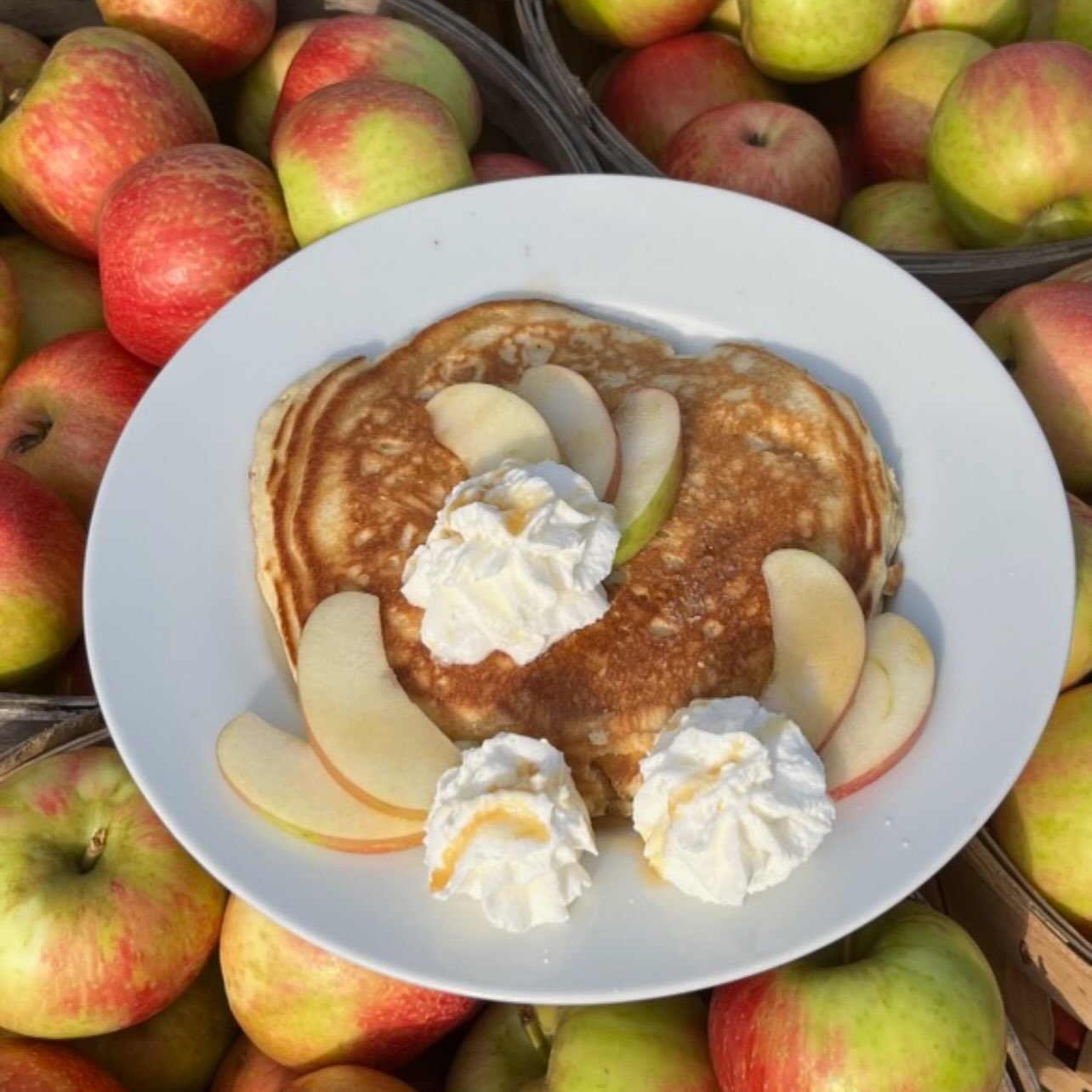 Happy Sunday!! We are now serving Honey Crisp Apple Cinnamon Pancakes every Sunday between 8:30 &amp; 11:30!! Don&rsquo;t forget that today we serve lunch 12-3 and Apple fritters as well!! PYO honey crisp apples &amp; peaches open 8-4. See you all so