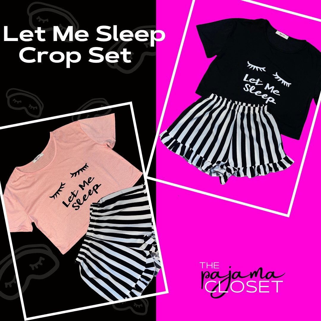 WAIT NO MORE!!!! The peach and black Let Me Sleep Crop sets are hitting the site THIS SATURDAY!!!! I know you have been waiting for it.  Sorry it took so long but it&rsquo;s here.  Comes in sizes S (0) to 2XL (14/16). Cotton crop shirt and polyester 
