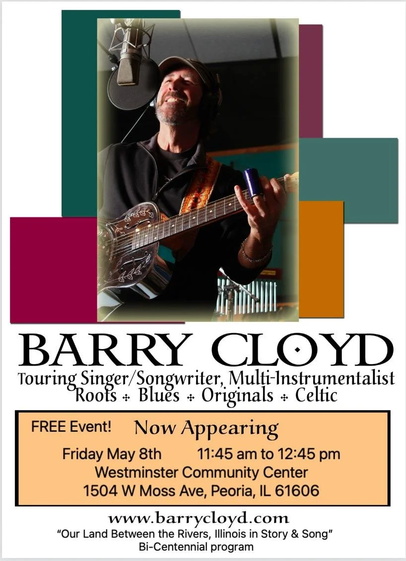 Barry Cloyd returns to Graceland Center! Come to the Westminster Community Center, 1504 W Moss Ave in Peoria,  Friday May 8th for his performance at 11:45 am! FREE fun and music. #music #aging #aginggracefully #gracelandcenter