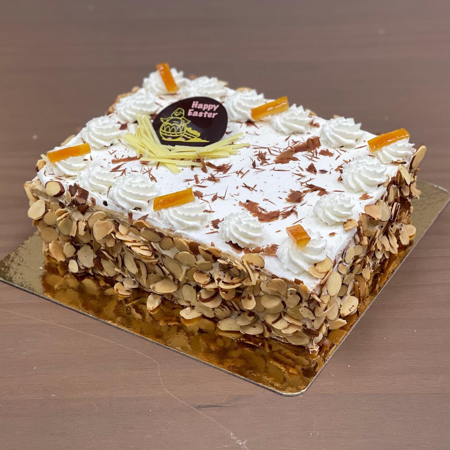 This year for Easter, we will introduce the Ribeaupierre au Cointreau, a crowd favorite in our bakery back in France. 
Two layers of almond/hazelnut dacquoise, a soft g&eacute;noise delicately soaked with Cointreau, garnished with a light vanilla pas