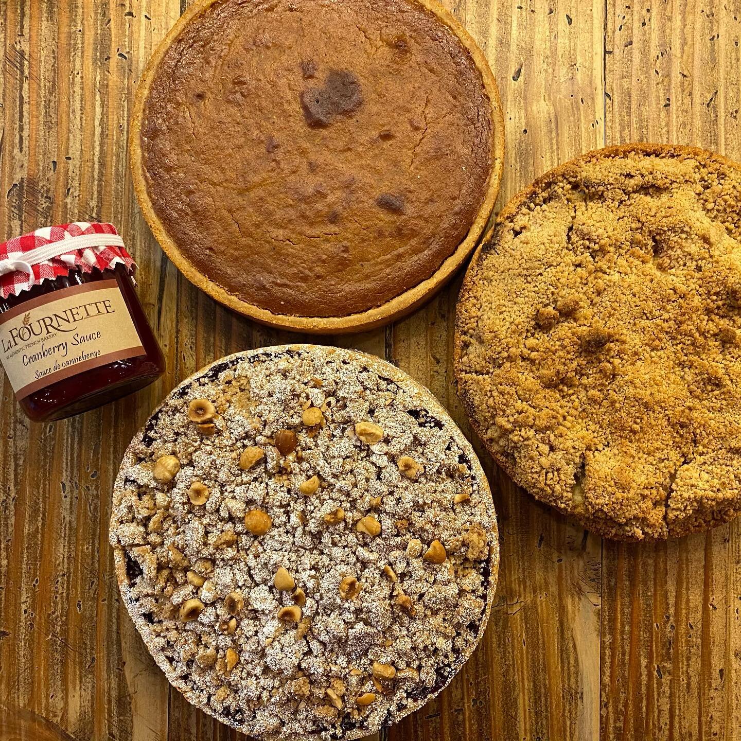 Celebrate Thanksgiving with one of our three pies! Apple and cranberries, Michigan cherries and buttery almond cream, or pumpkin pie. We also have cranberry sauce and dinner rolls to complement your dinner. We will be open regular hours Wednesday and