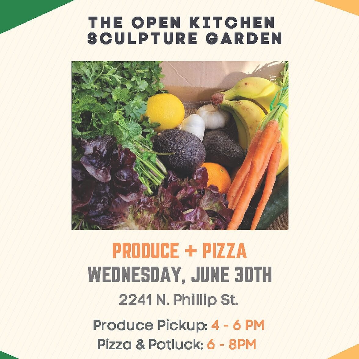 Kicking off a new bi-weekly distro/potluck this Wednesday at the Open Kitchen Sculpture Garden located on 2241 N. Phillip St! Join us for pizza and produce until 8pm! Keep swipin&rsquo; for this weeks distro schedule.

#mutualaid #freefood #freeprodu