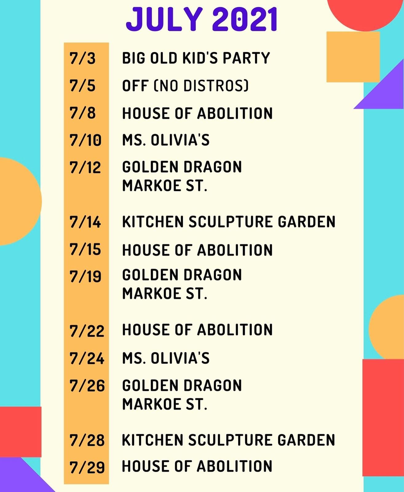 Check out our July calendar!
🔸House of Abolition: 51st &amp; Regent 4-7pm
🔸Ms. Olivia&rsquo;s: 61st &amp; Woodland 12-2pm
🔸Golden Dragon: 53rd &amp; Rodman 1-3pm
🔸Markoe St: 1356 S. Markoe St. 6-7pm
🔸Kitchen Sculpture: 2241 N. Phillip St. 5-6pm
