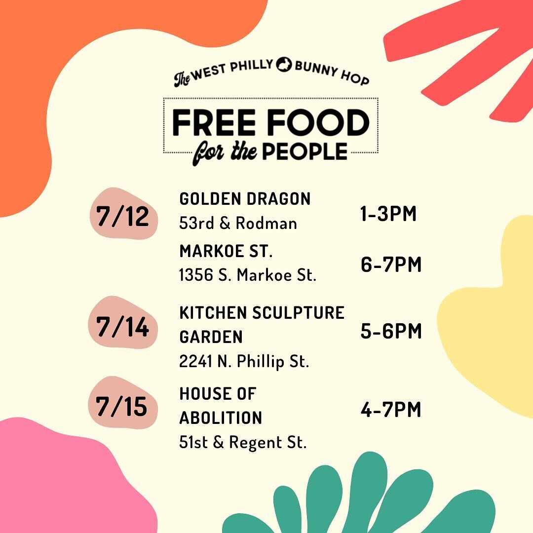 EDIT (we now have the correct address for Golden Dragon 😅)

Distros week 7/11:

🌽 Monday: Golden Dragon 1-3pm, Markoe St. 6-7pm
🌽 Wednesday: Open Kitchen Sculpture Garden 5-6pm
🌽Thursday: House of Abolition 4-7pm

#freefood #mutualaid #communityc