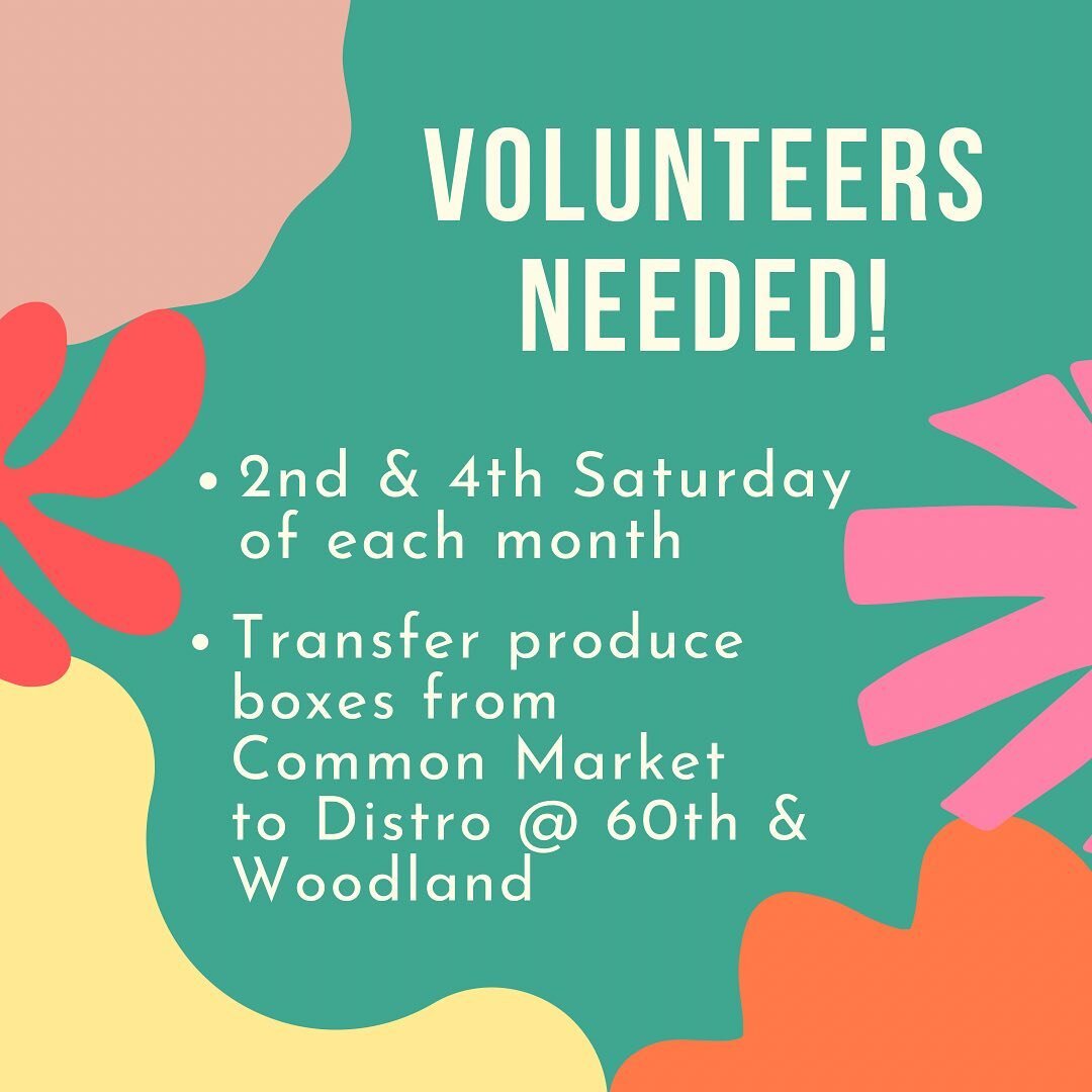 We are in need of a volunteer driver who can be available the 2nd &amp; 4th Saturday of each month to transfer produce from our storage location at the Common Market to one of our distribution sites located at 60th &amp; Woodland. If you have reliabl