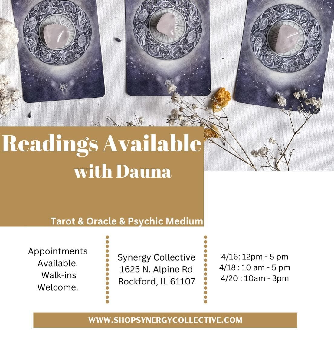 This week I will be offering readings @synergycollective on the following dates. If you would like a phone or zoom reading please see my website to schedule. Link is in the bio. Appoints for Synergy can be books at www.shopsynergycollective.com

#rea