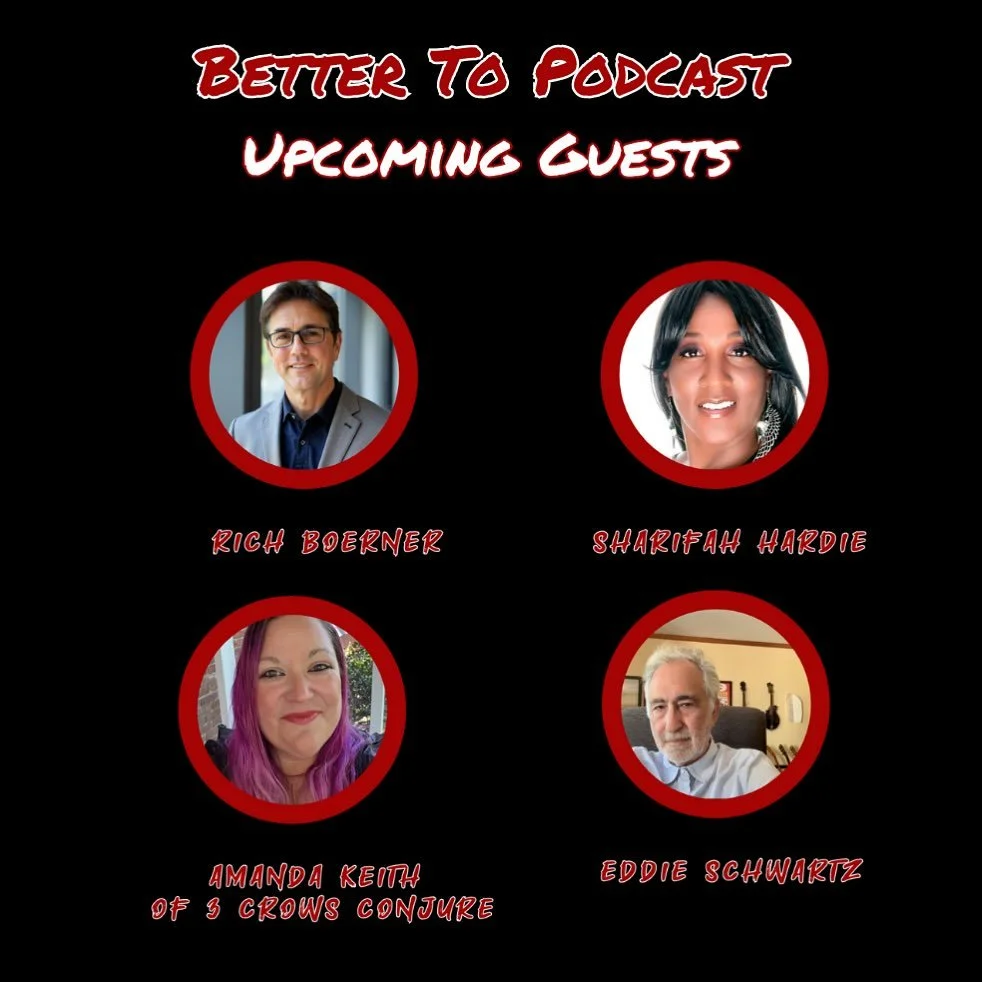 Upcoming guest on @better_to_podcast  Author @richardboerner @sharifahhardie Amanda @3crowsconjure  and eddieschwartz #podcast #author #newmusic #tarot #halloween