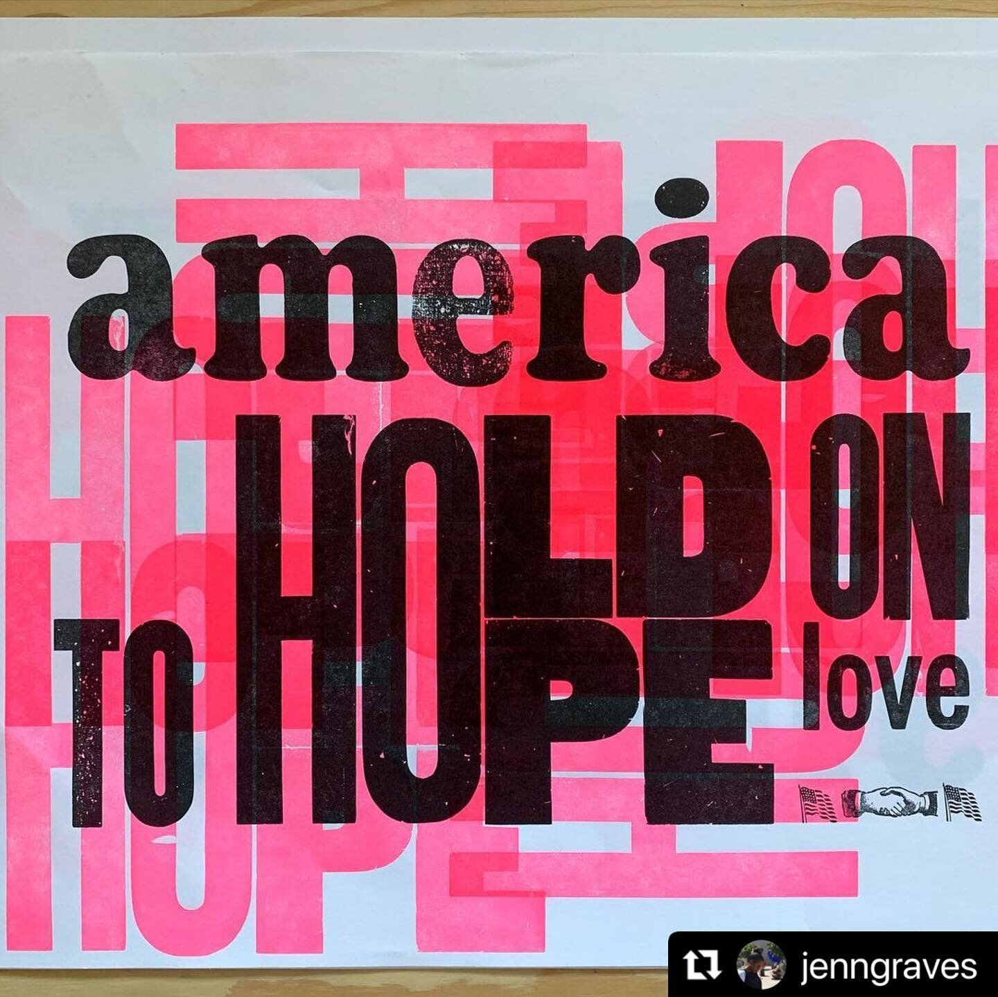 Sharing some inspiring work in progress by @jenngraves. 

・・・
Work in Progress: 
AMERICA HOLD ON TO HOPE💕
-
This will soon be part of another book for the @myhopeourhope project. 
-
#letterpress #letterpresslove #printmaking #woodtype #woodtypewedne