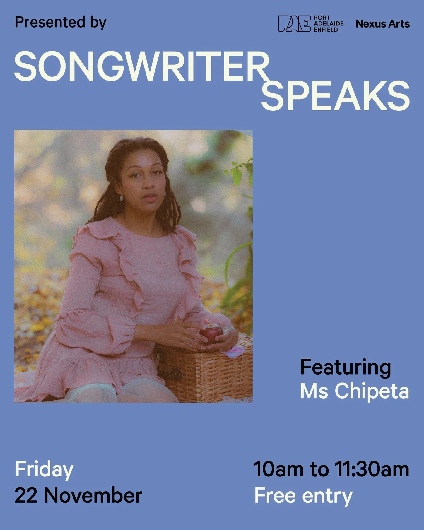 We are excited to welcome artist Ms Chipeta and the team from Nexus this week for a free workshop! RSVP now!

NEXUS ARTS: in partnership with the City of Port Adelaide Enfield is delighted to present a free workshop featuring singer-songwriter Ms Chi