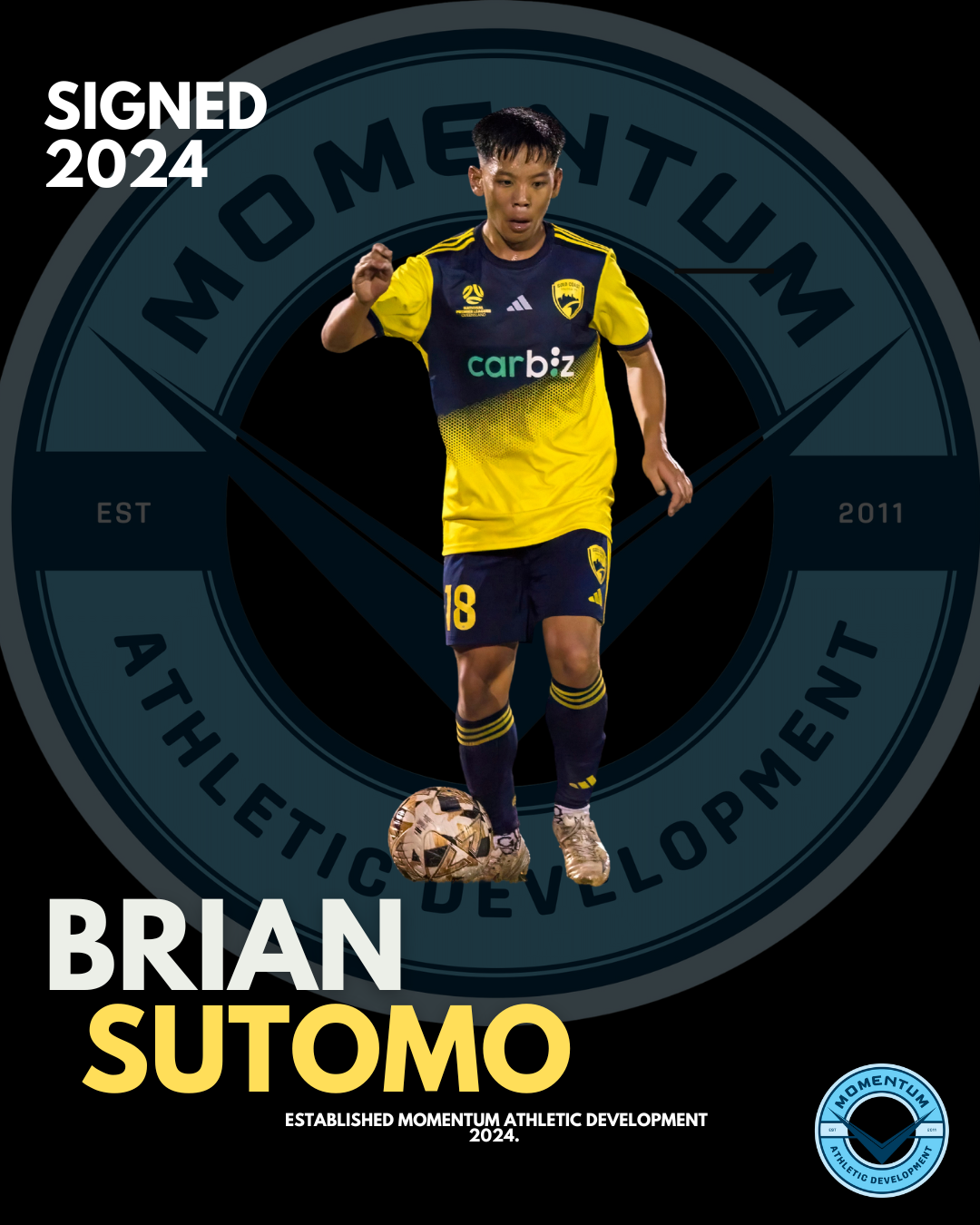 Digital graphic of a soccer player in yellow and navy uniform with a football, over a black background with a circular logo of Momentum Athletic Development, and texts 'Signed 2024', 'Brian Sutomo', and 'Established Momentum Athletic Development 2024