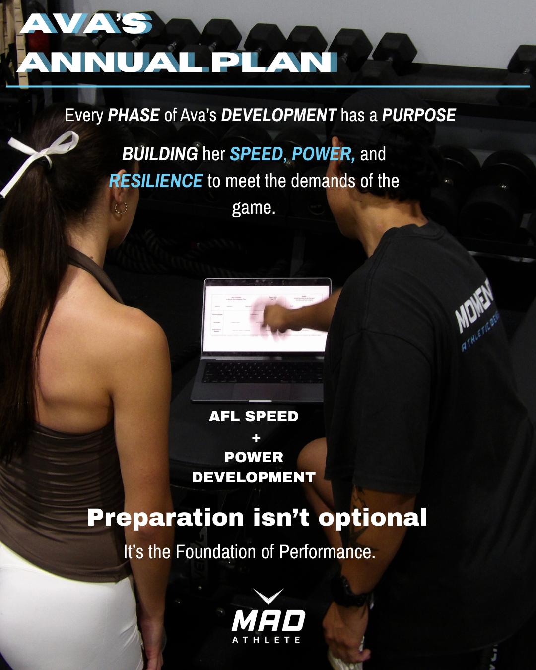 Two athletes in a gym reviewing a training plan on a laptop. Dumbbells lined up on a rack in the background. Overlay text emphasizes the importance of preparation for athletic performance.