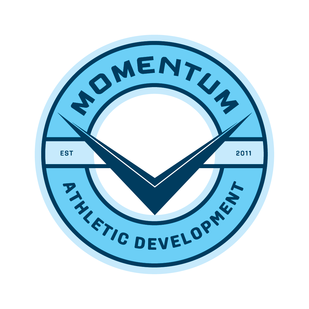 A circular logo with a blue color scheme that reads "Momentum Athletic Development," established in 2011, featuring a checkmark in the center.