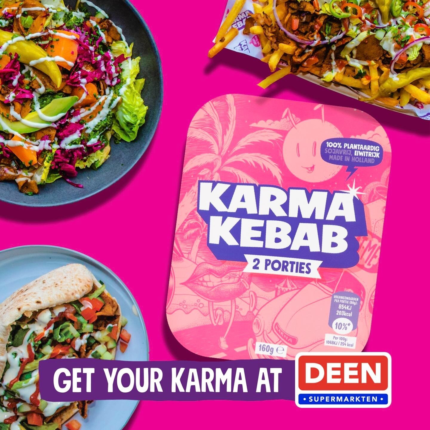 BEST NEWS OF 2020: GET KARMA AT @DEEN_SUPERMARKTEN!
Have you already seen our new packaging on the vegashelf? Go get your portion of the most delicious kebab in the world 🎉

🌱 100% plant-based
💪 stuffed with proteins
✅ soy free
🤤 insanely delicio