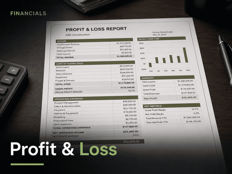 Profit and Loss Template for construction — P&L report built for QuickBooks
