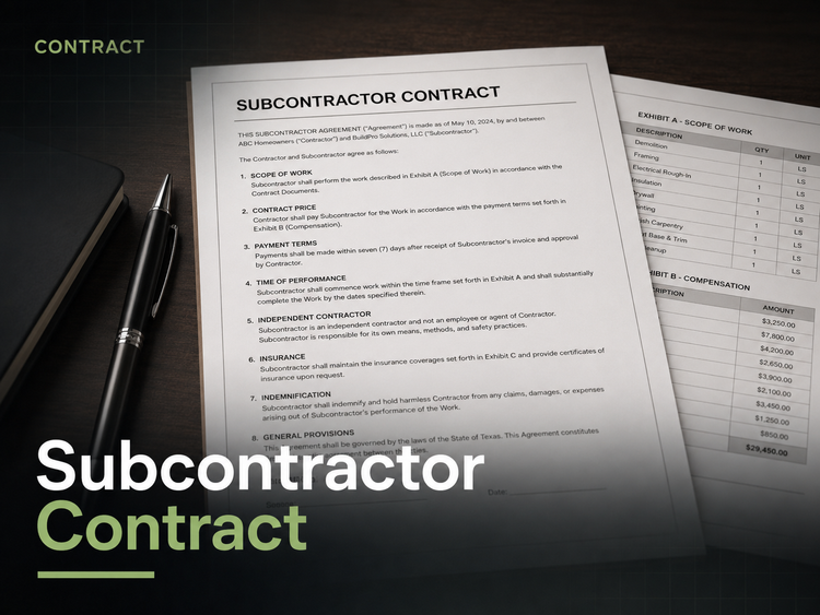 Subcontractor Contract template for construction trades