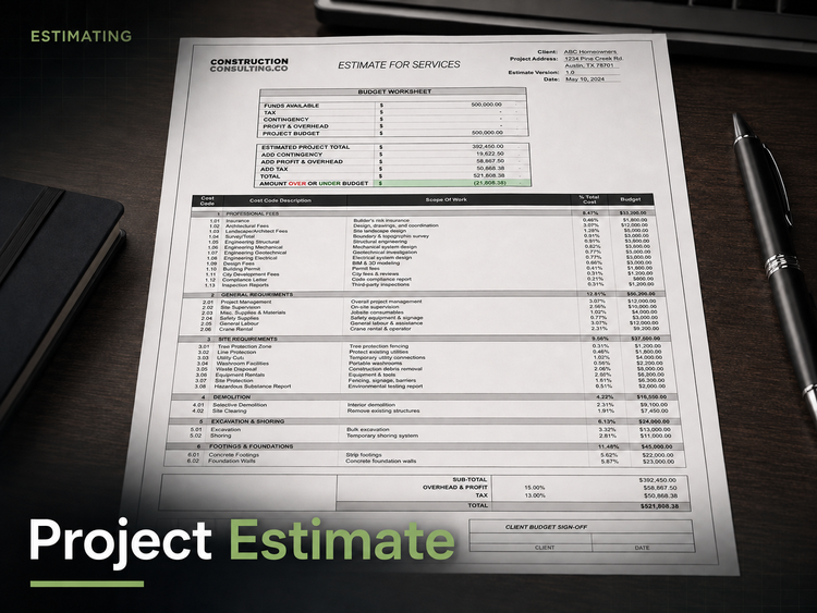 Project Estimate Template for construction — budget worksheet and cost breakdown spreadsheet