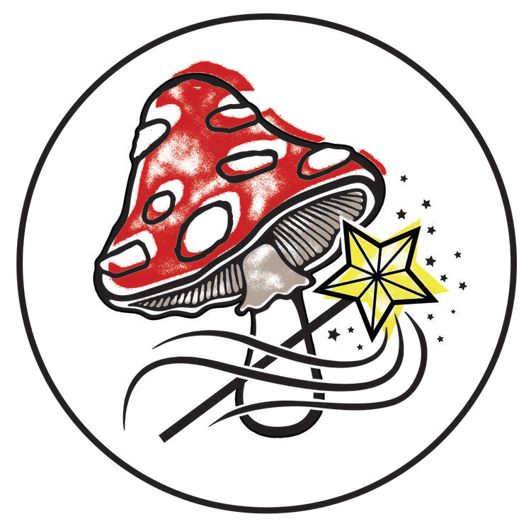 Hand illustrated fairy toadstool with wand logo