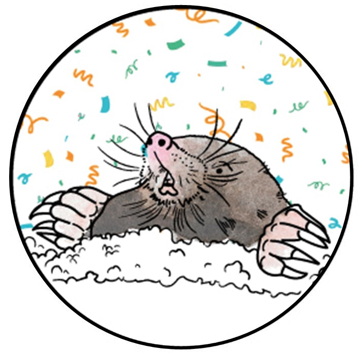 surprised looking mole popping up out the ground with party streamers