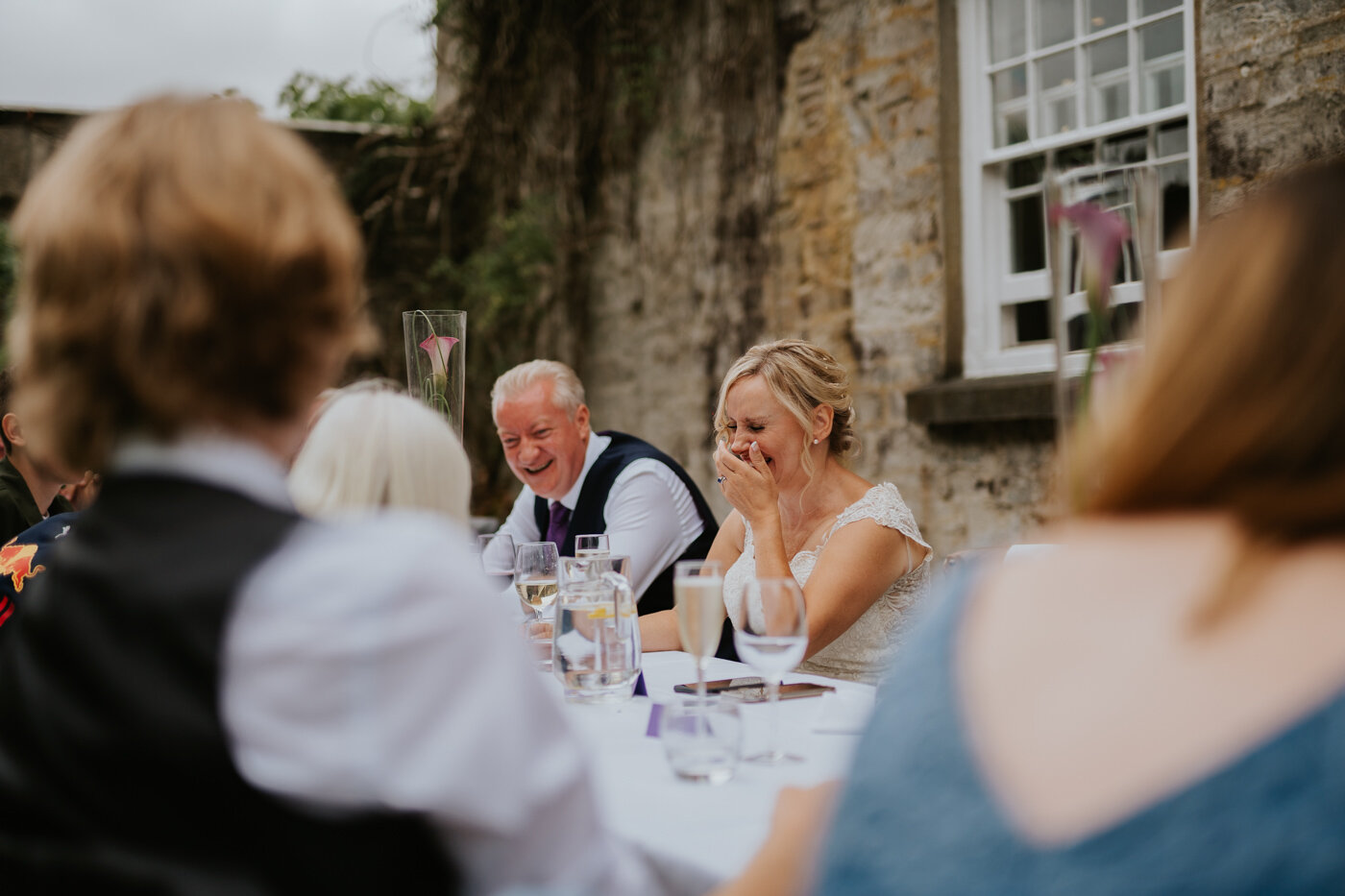 Clare and Steve showing us what alfresco eating means at their early summer wedding this year. Surrounded by an intimate number of their nearest and dearest, the pair tied the knot outside, before settling down for a wedding breakfast in the fresh ai