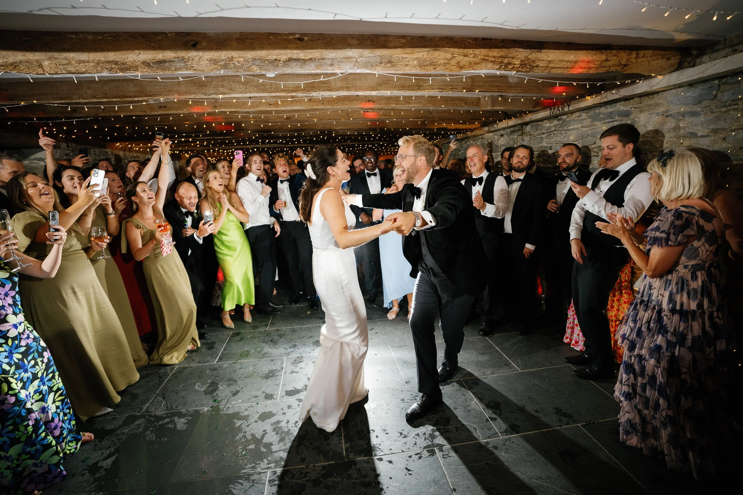Wedding couple dancing in the Wedding Barn at Boconnion, Bodmin, Cornwall