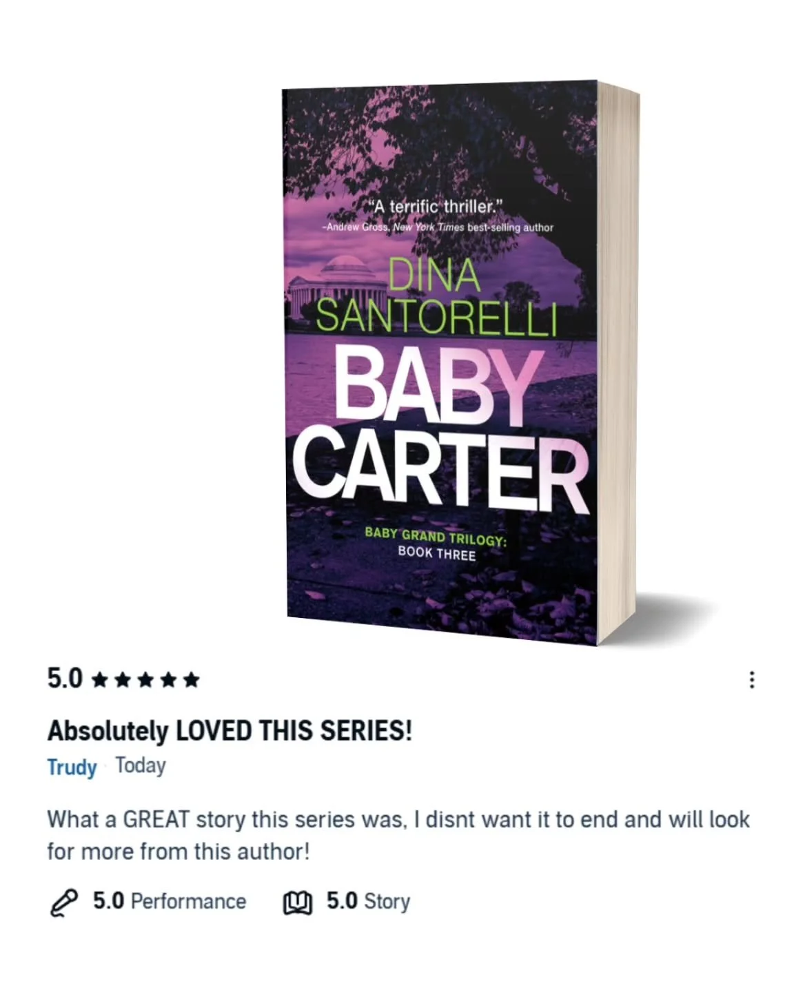 I love that readers keep discovering the Baby Grand Trilogy. This Audible review made me smile. And the timing was perfect. I needed a quick pick-me-up after banging my head against the keyboard while working on my next thriller. Ah, the glamorous au