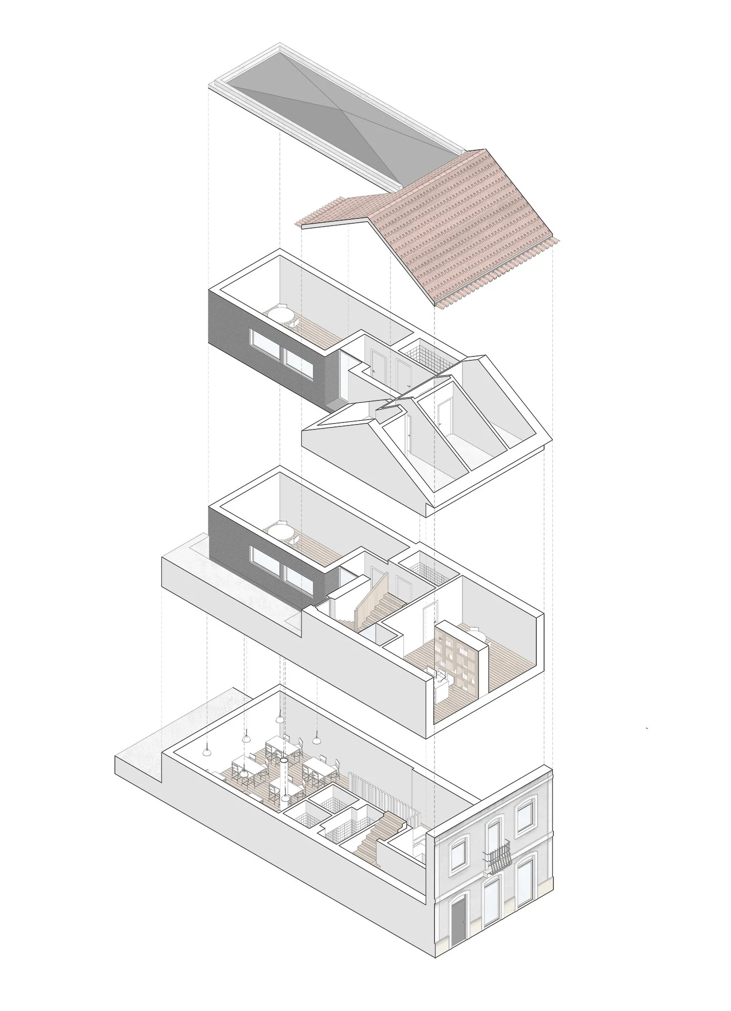 Axonometria explodida. 
Exploded axonometric projection.