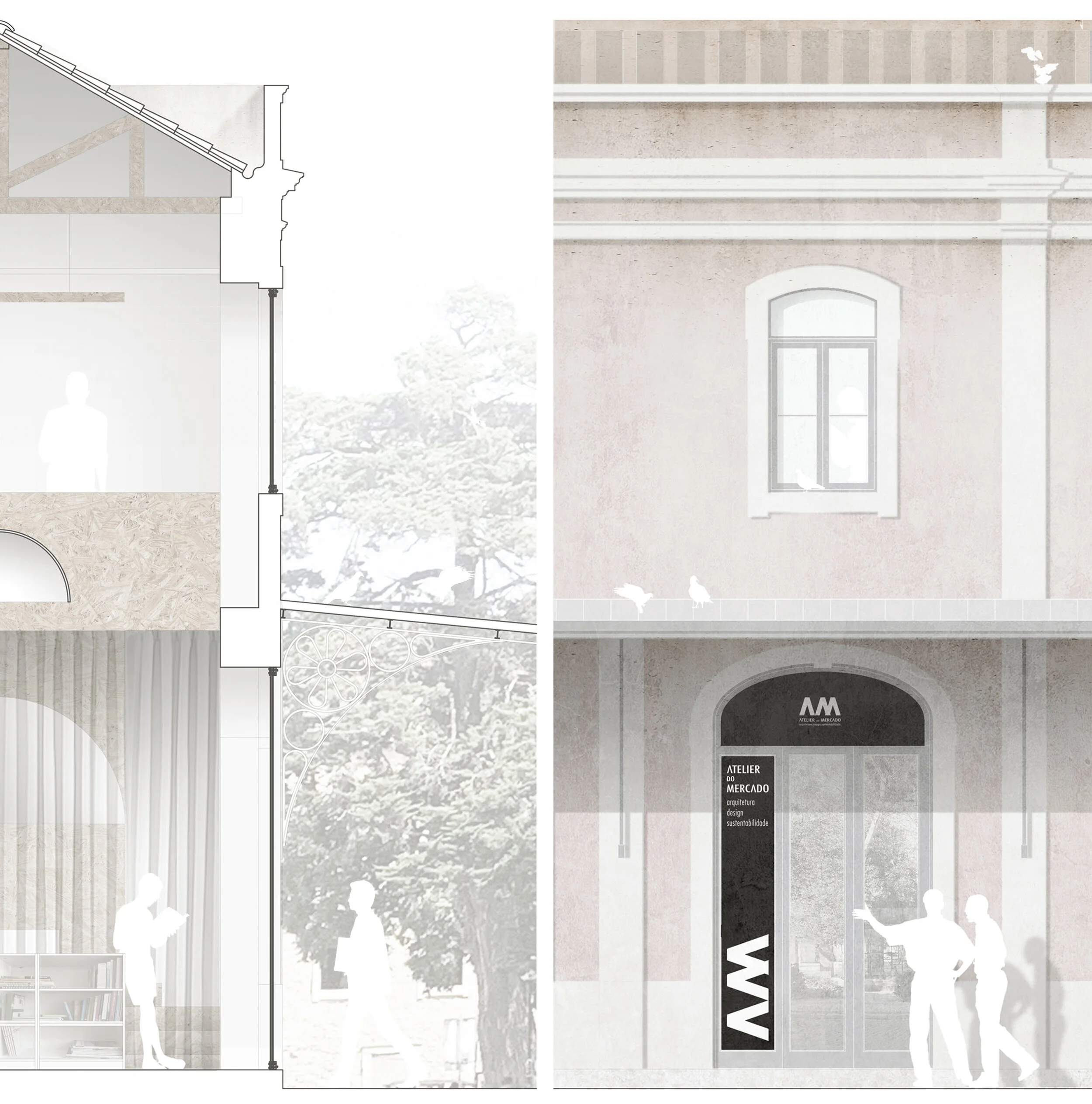 Corte construtivo e alçado principal. Construction section and front elevation.