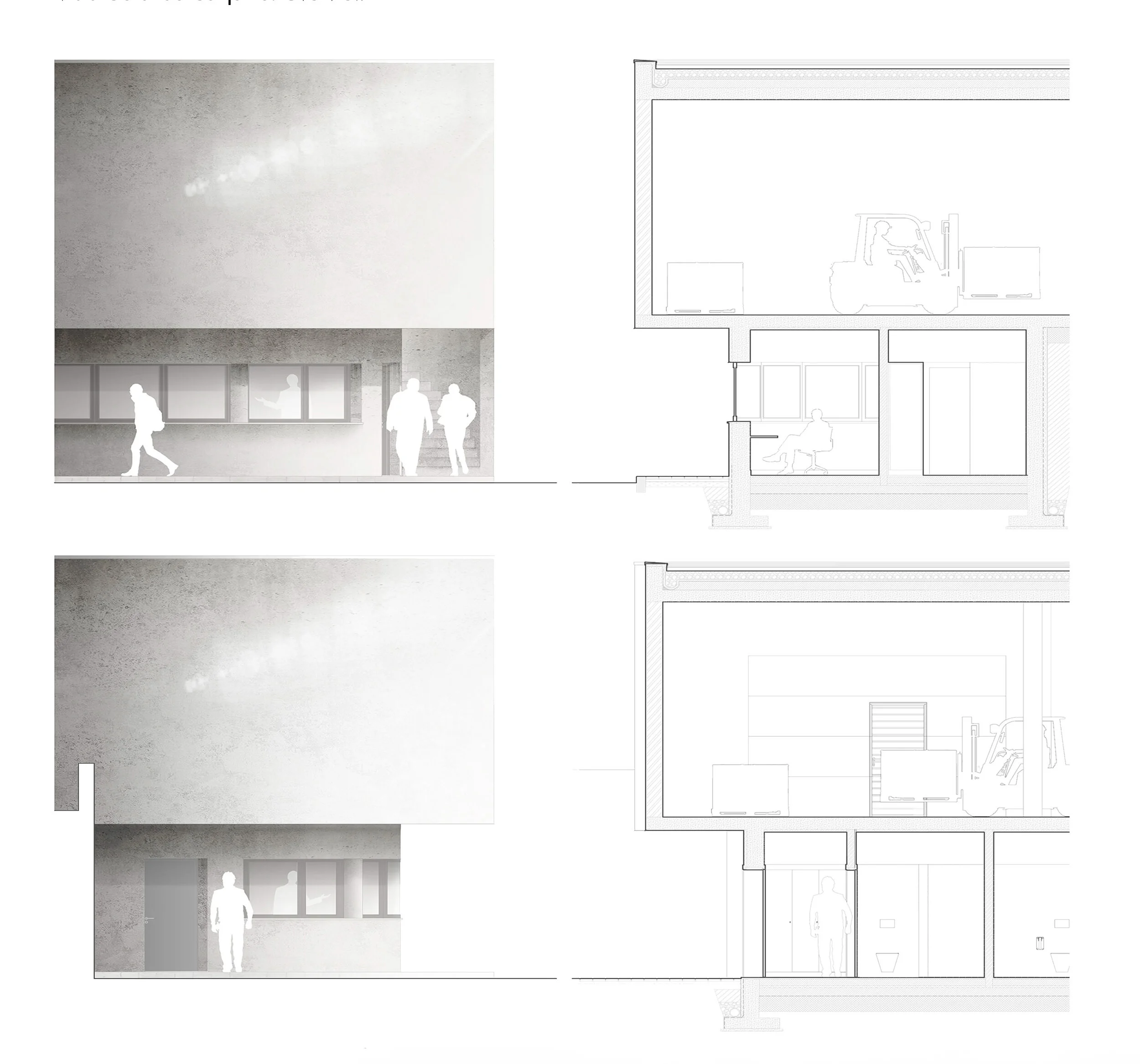 Alçados e cortes construtivos da portaria. Front elevation and construtive sections.