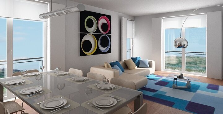 Vista da sala de jantar e sala de estar.