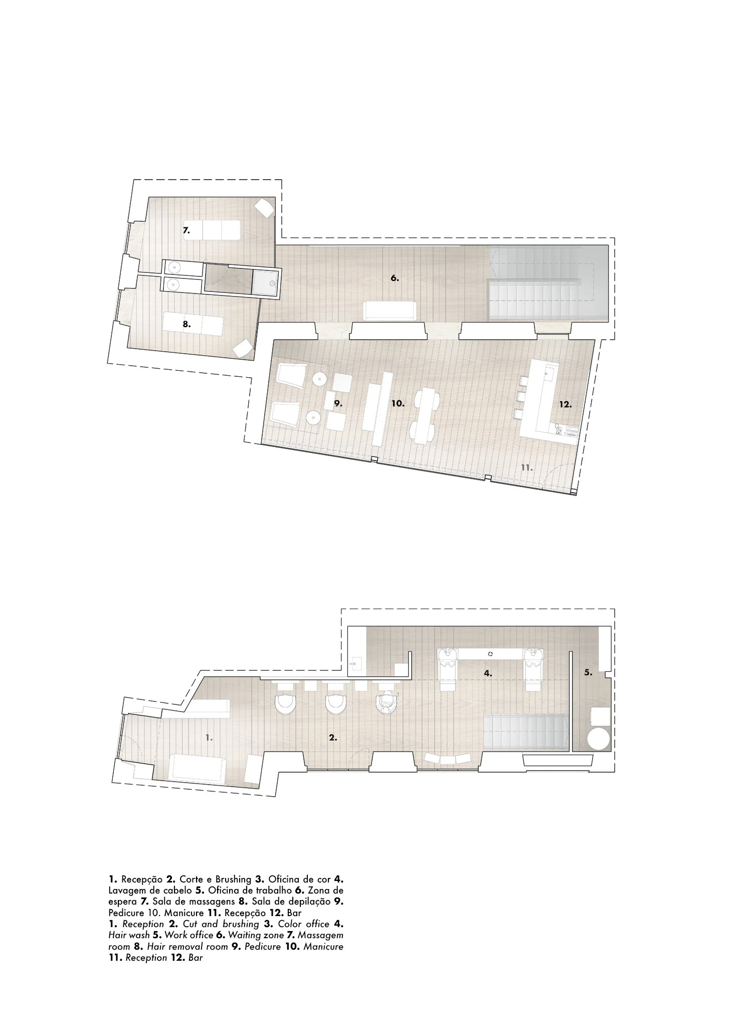 Em cima, planta do piso inferior. Em baixo, planta do piso superior. 
Above, floor plan. Below, the second floor plan.