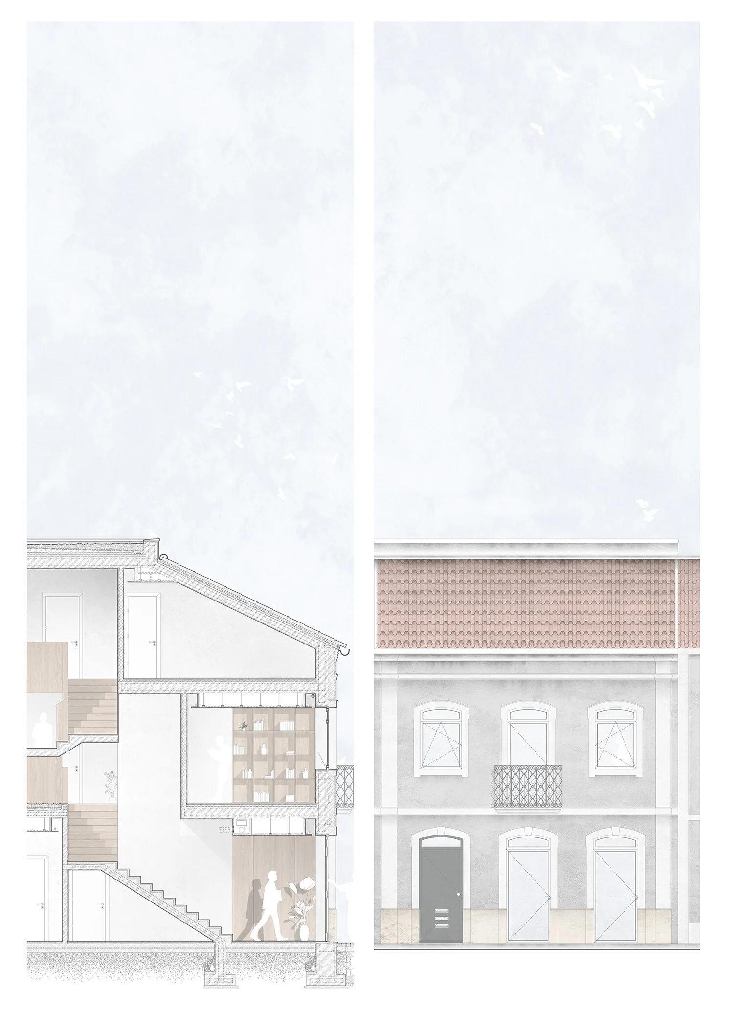 Corte construtivo e alçado principal. 
Construction section and front elevation.