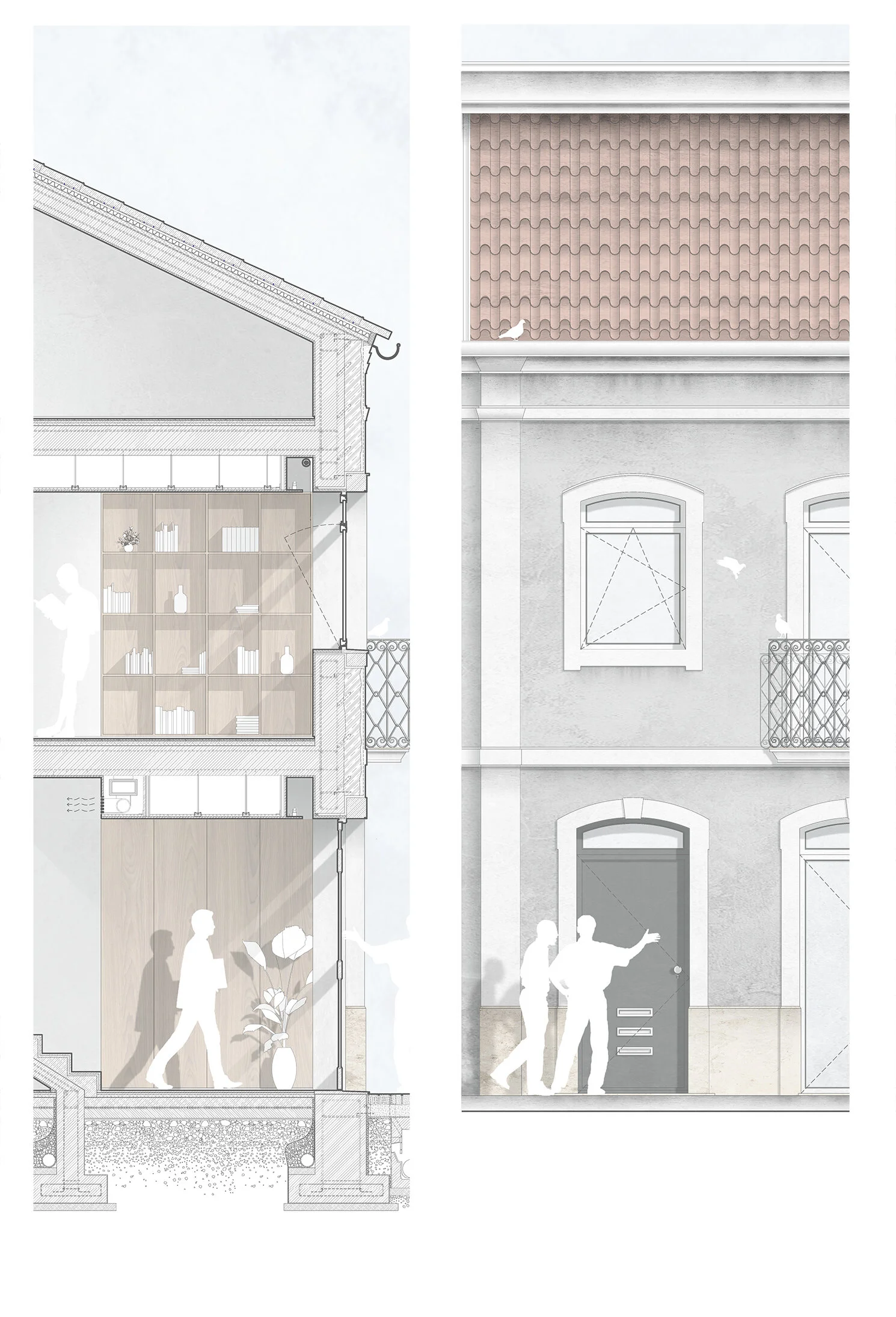 Corte construtivo e alçado principal. 
Construction section and front elevation.
