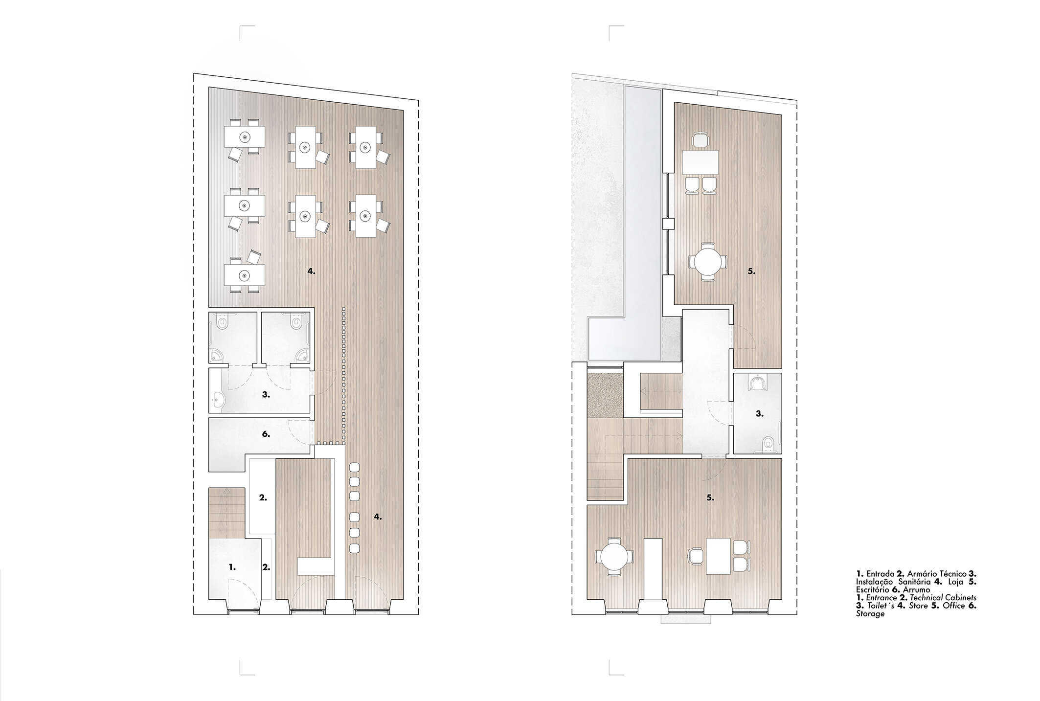Do lado direito, planta do piso térreo; do lado esquerdo, planta do segundo piso. 
On the left, the ground floor plan; on the right, the second floor plan. 