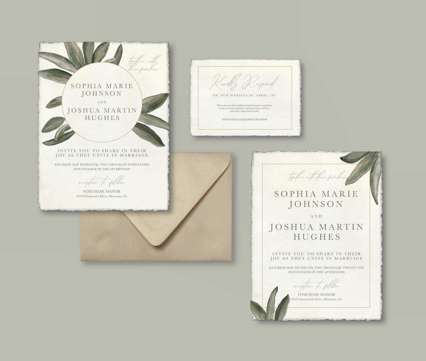 design process step #3 &bull; invitation designs

Clients: Sophia + Joshua 
Color Palette: sage green, beige, gold
3 Vibe Words: romantic garden party 
Overall Style: trendy floral 

Once all aesthetics have been decided, it&rsquo;s on to the fun stu