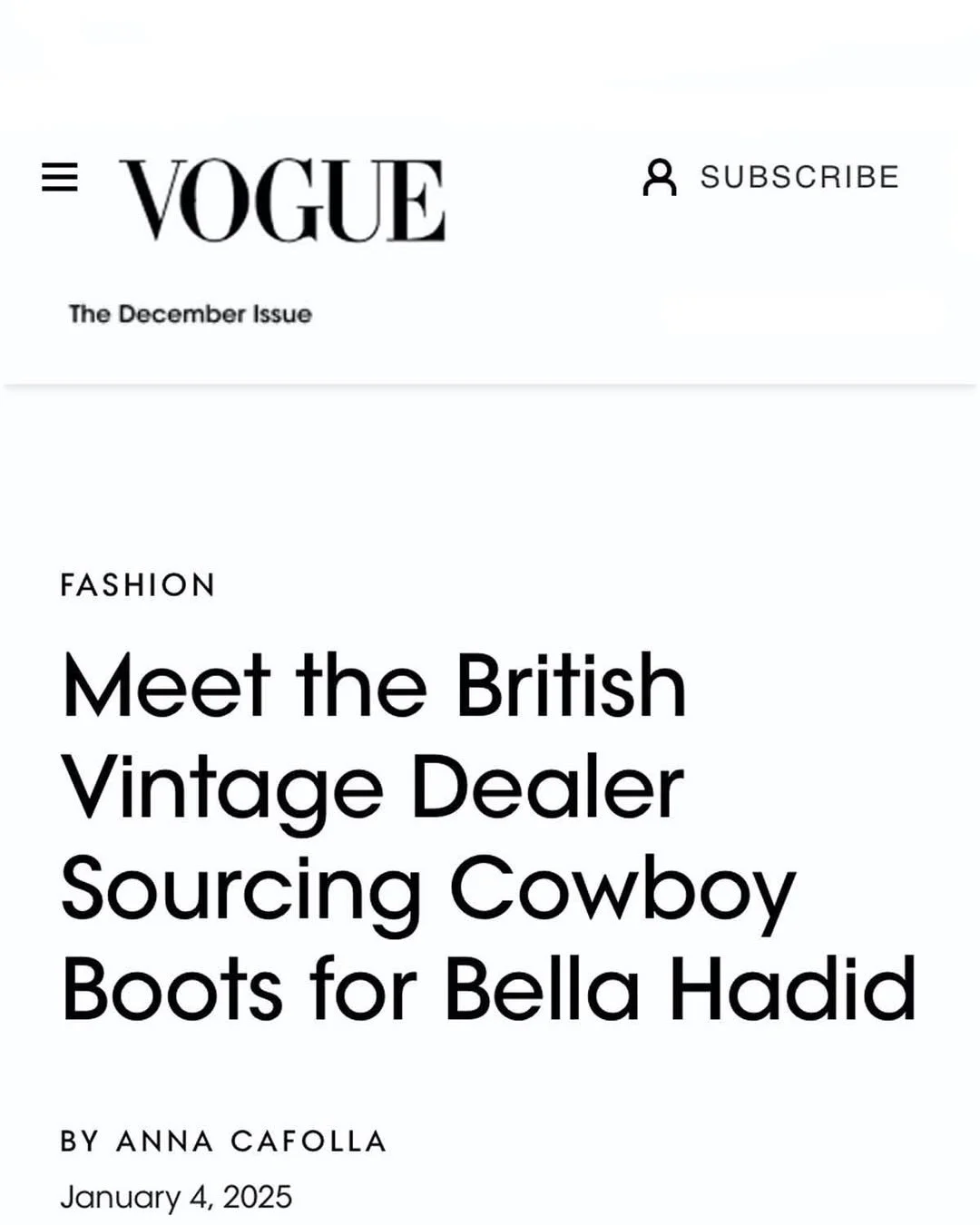 Vogue magazine cover featuring the headline 'Meet the British Vintage Dealer Sourcing Cowboy Boots for Bella Hadid,' authored by Anna Cafolla, dated January 4, 2025.