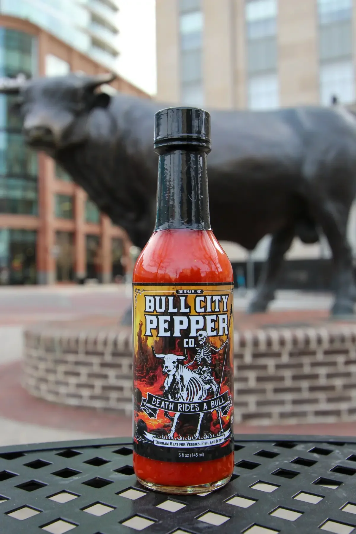 Death Rides a Bull hot sauce bottle — Bull City Pepper Co. Durham NC
