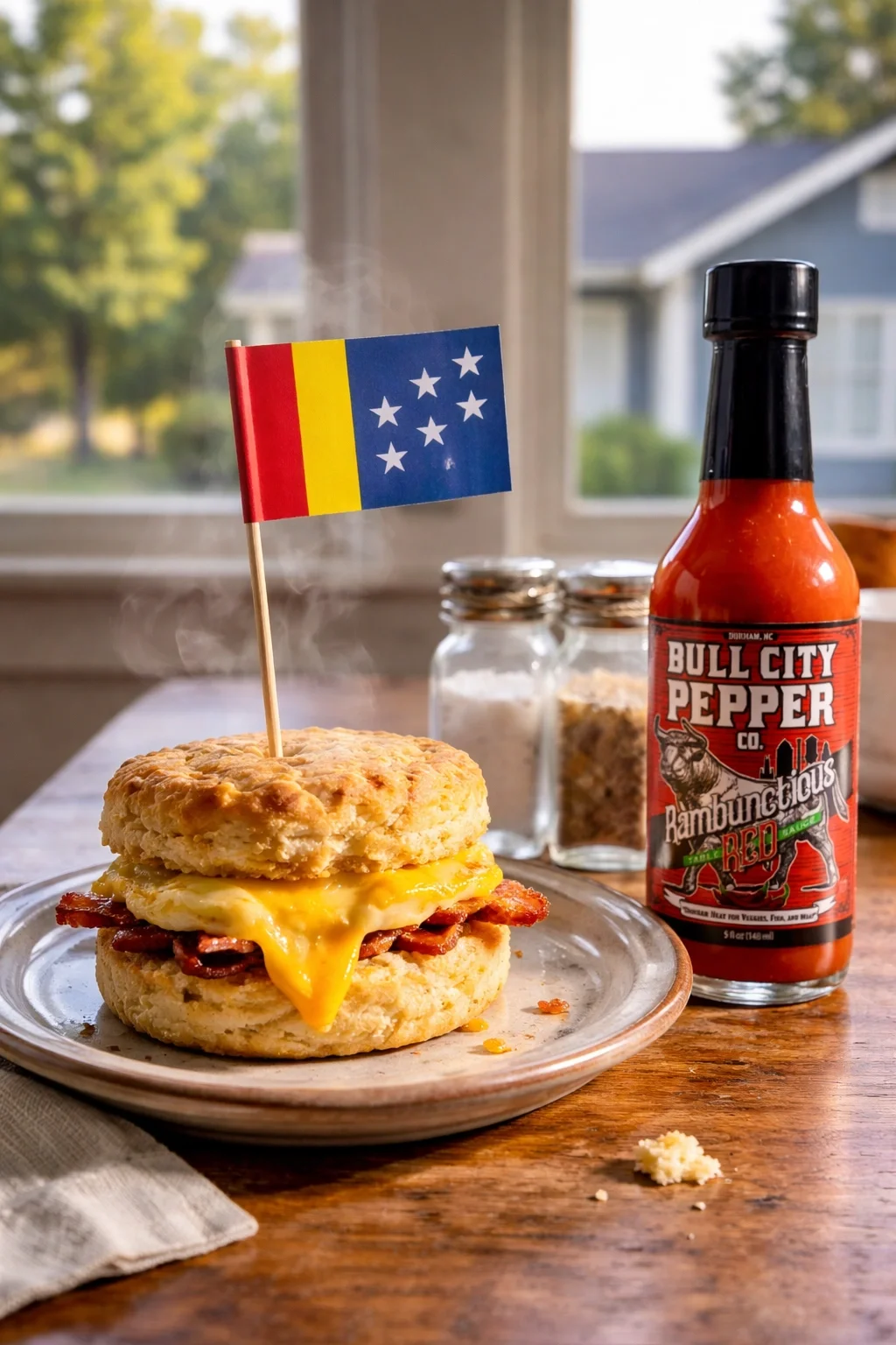 Bacon, egg, and cheese, on a southern buttermilk biscuit with Rambunctious Red hot sauce by Bull City Pepper Company.