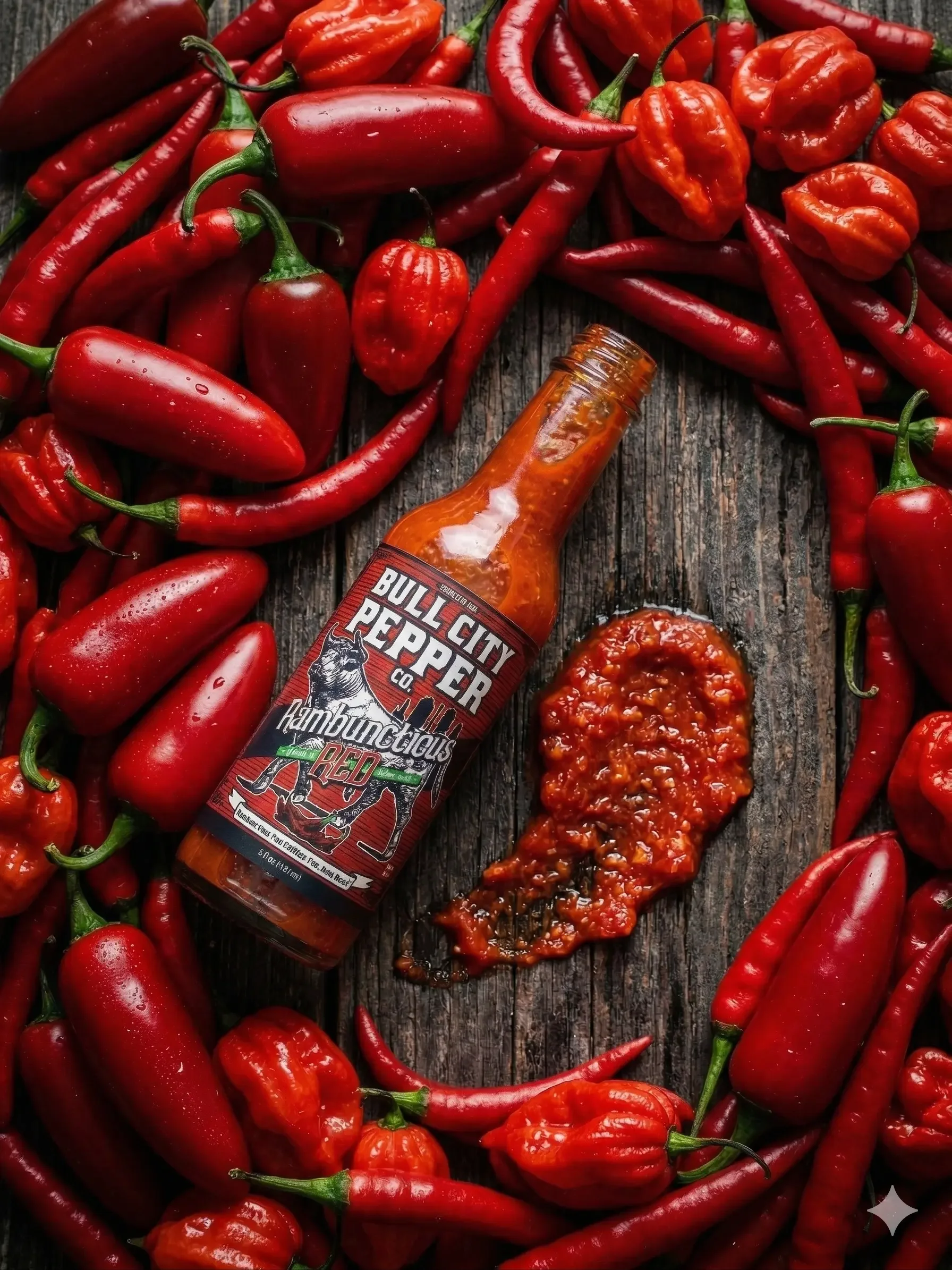 A bottle of Bull City Pepper Co. Rambunctious Red hot sauce with premium red peppers.