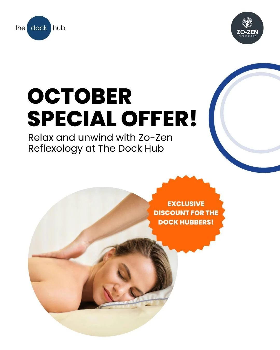 Take a break from the busy workday and unwind right here at The Dock Hub.
Zo-Zen Reflexology is offering exclusive discounts for Dock Hub members this October &mdash; the perfect chance to relax, recharge, and treat yourself 💆

📍 Find Zo-Zen in our