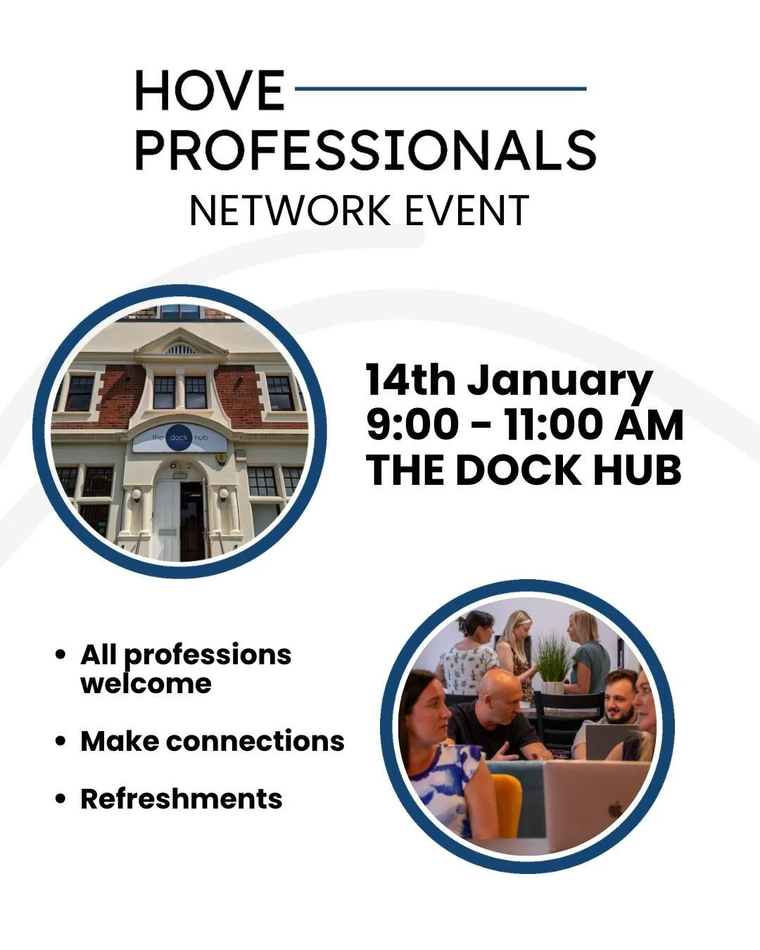 NEXT WEEK! 
A new year is a great time to meet new people. Join our Hove Professionals Network Event and connect with local businesses in a friendly, welcoming space at The Dock Hub. 

#HoveProfessionals #LocalNetworking #BrightonAndHove