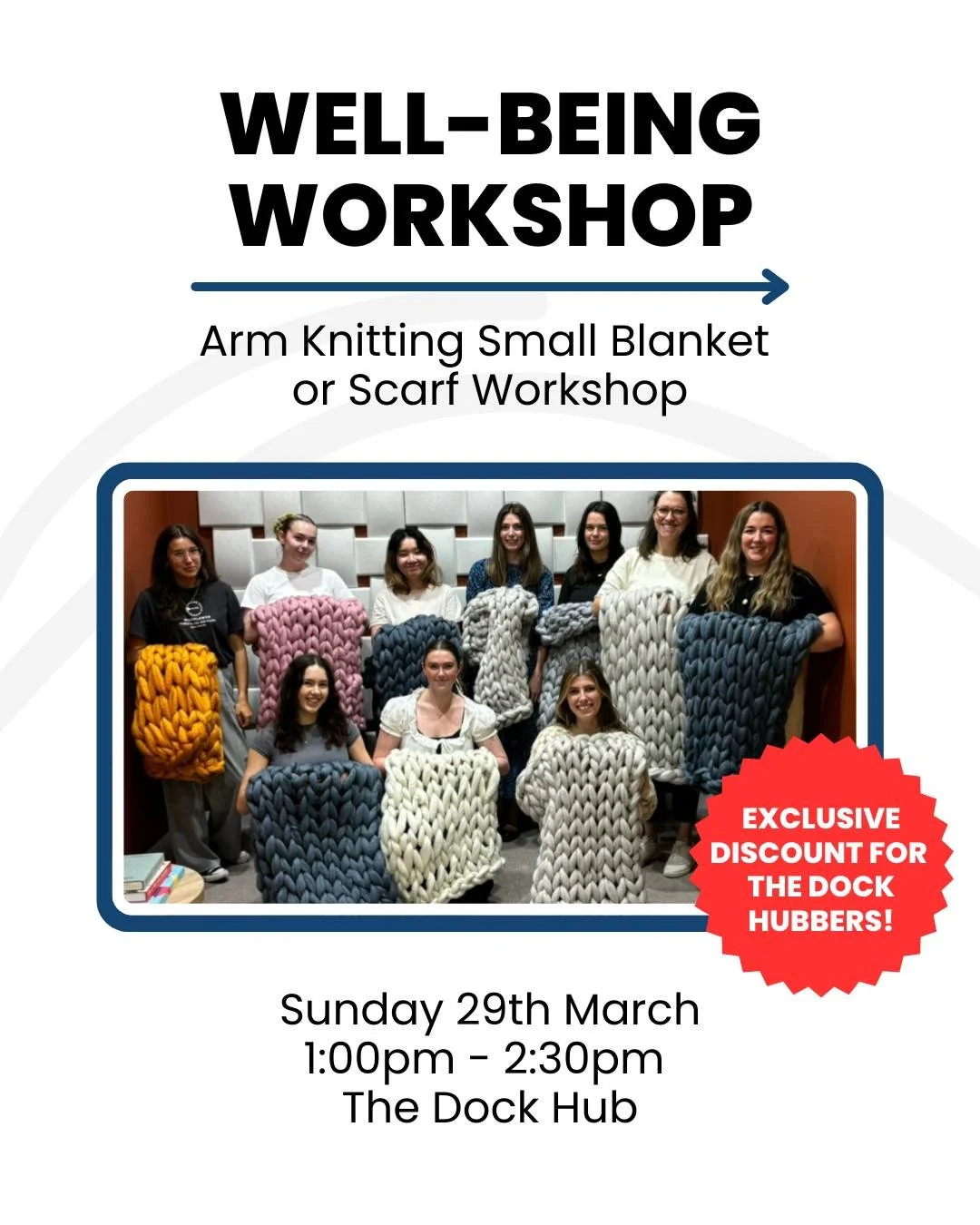 Cosy Sunday plans? 🧶✨

Join our Arm Knitting Blanket or Scarf Workshop on Sunday 29th March, 1&ndash;2.30pm. No experience needed, all materials included, 20% off for residents with code DOCKHUB20.

Book here: https://www.cocoonandme.com/all-worksho