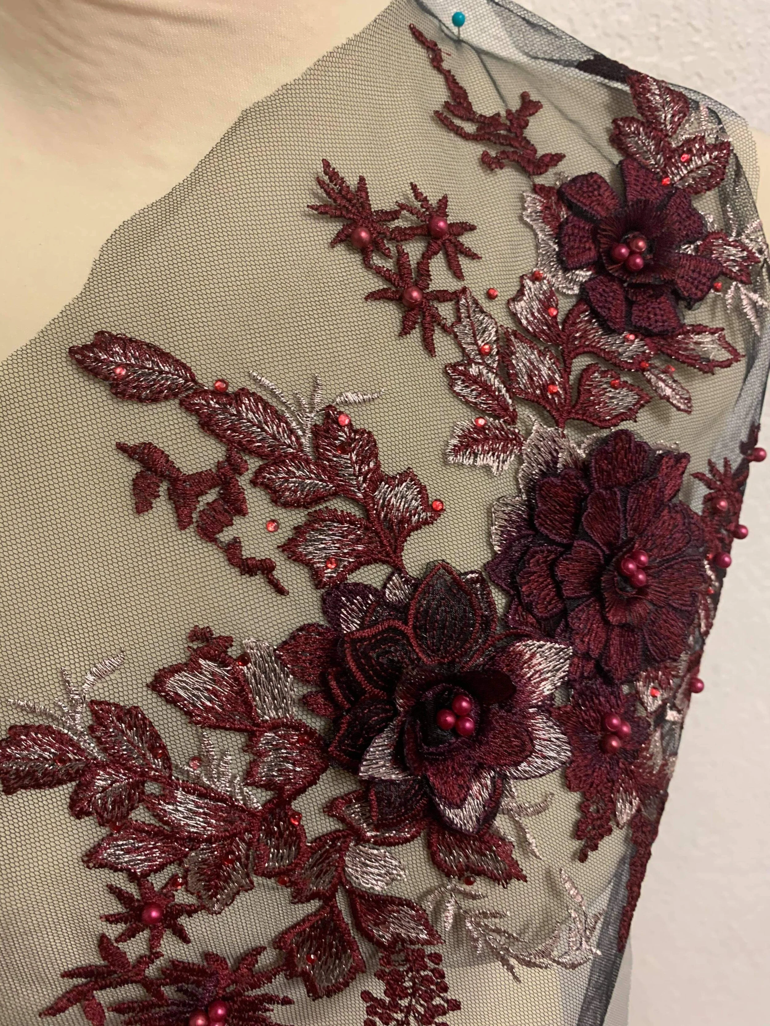 Deep Burgundy Floral Appliqué