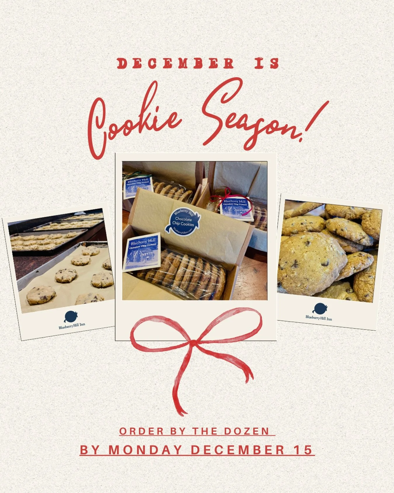 🍪 This week we are in full production mode! 🍪
Blueberry Hill Inn&rsquo;s famed chocolate chip cookies are available by the dozen this holiday season. 

Place your order by Monday, December 15 and your package will ship by the 16th. Head to the stor