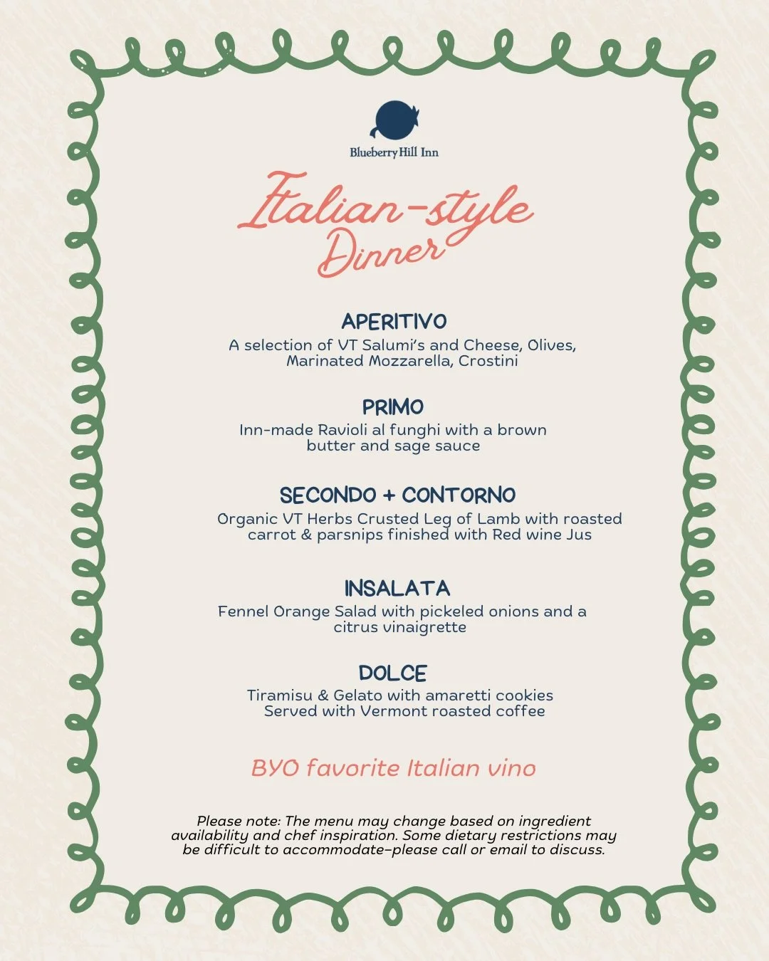 This Saturday&rsquo;s Italian inspired menu is HERE! Jazz up your January with an evening out! We have packaged dinner with a one or two night stay if you want to make it an overnight. 

Dinner is featuring the wonders of @rollingbalefarm @blueledgef