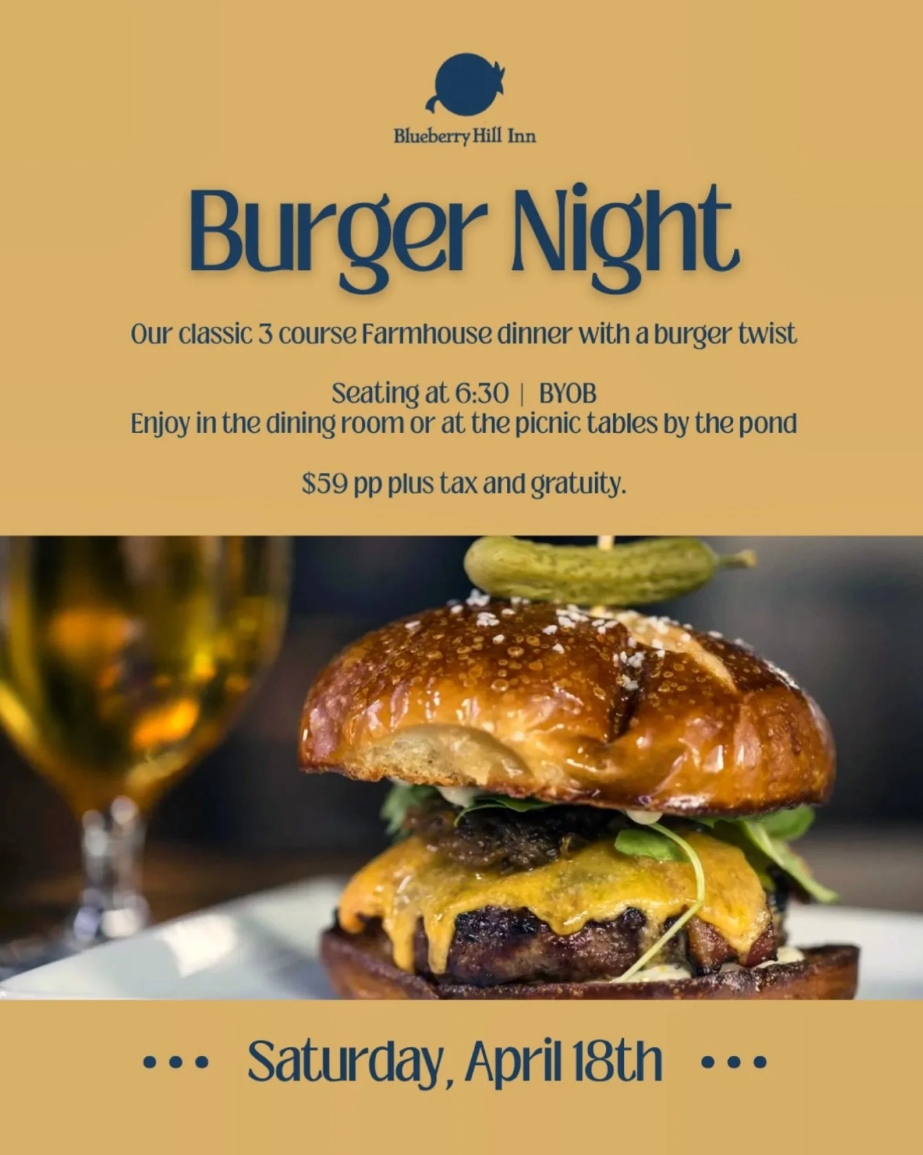 We are getting excited for the season! Burger Night is coming up soon, make your reservations now.

Menu featuring:
&bull; A hearty Spring salad with creamy herb dressing
&bull; VT lamb burger (or VT black bean burger) on house-made buns and with all